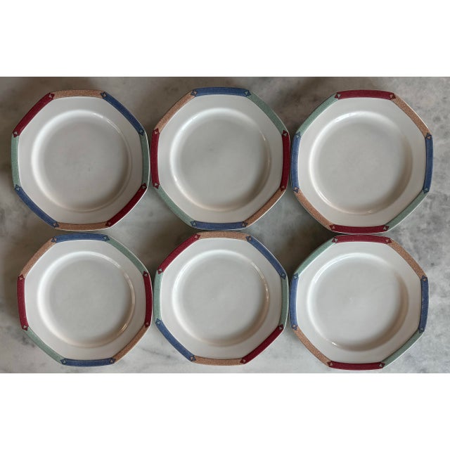 Set of 6 vintage octagonal shape multi color retro dinner plates in the "Diamond Optic" pattern produced by Christopher...
