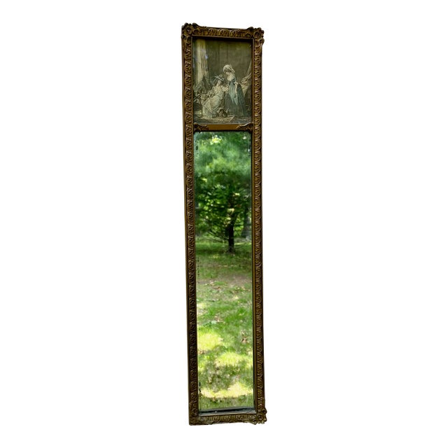 1860s French Trumeau Mirror Narrow Gold Frame Scene of Lay of the House & Her Maid For Sale
