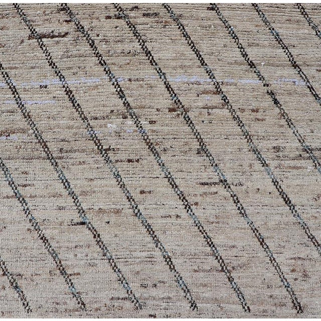 Textile Modern Hand-Knotted Runner in Wool With Linear Design in Blue & Neutral Tones For Sale - Image 7 of 12