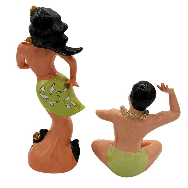 Mid-Century Modern Mid 20th Century Hawaiian Hand Painted Hula Girl & Surfer Male Ceramic Statue, Pair For Sale - Image 3 of 6