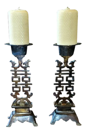 Vintage Chinese Double Happiness Wedding Candlesticks