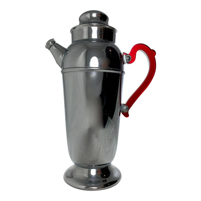 Art Deco Style Chrome & Ruby Red Bakelite Cocktail Shaker For Sale