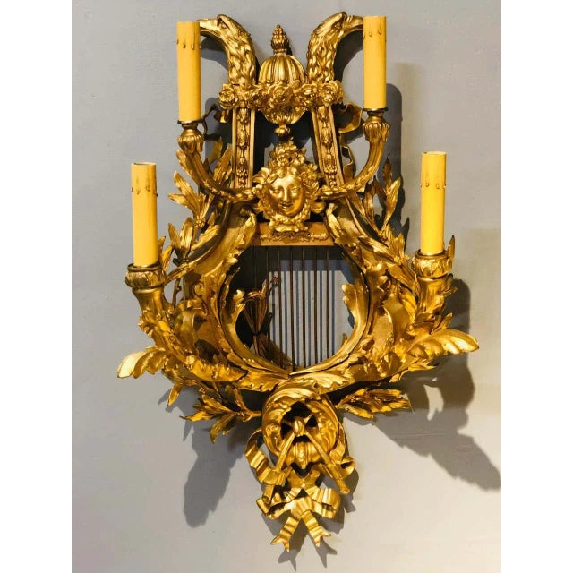 Bronze Pair of Four-Light Louis XVI Style Bird & Face Mounted Gilt Bronze Wall Sconces For Sale - Image 8 of 13