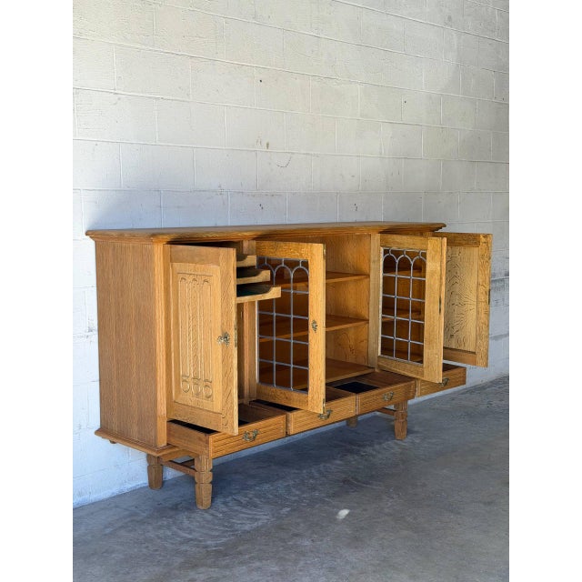 Wood Oak Sideboard Credenza With Leaded Glass Doors Four Drawers Mid-Century Modern 1960s For Sale - Image 7 of 11