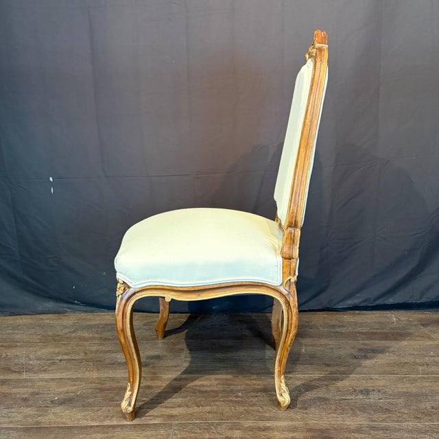 French French Louis XV Walnut Dining Chairs With Gilt & New Upholstery- Set of 6 For Sale - Image 3 of 11