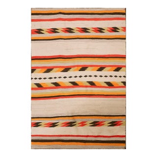 1930s Ivory Cream Geometric Stripe Antique American Navajo Rug Flat Woven 4'2" X 6'2" Wool Carpet For Sale