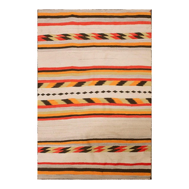 1930s Ivory Cream Geometric Stripe Antique American Navajo Rug Flat Woven 4'2" X 6'2" Wool Carpet For Sale