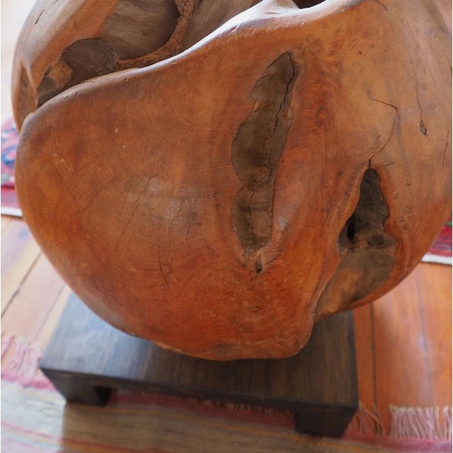 1960s Large Hand Carved Wood Burl Sculpture 17" Organic Modern Abstract Sphere on Base For Sale - Image 4 of 7