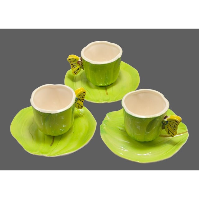 Vintage Italian Ceramic Green Tulip Shaped Leaf Butterflies Demi Tasse Nine-Piece Espresso Set For Sale - Image 4 of 10