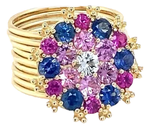 3.00 Carat Natural Multi Color Sapphire Diamond Yellow Gold Cocktail Ring, Size 7
