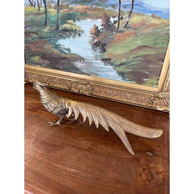 Metal Vintage Brass Toned Pheasant Bird Sculpture With Long Tail - Decorative Metal Figurine For Sale - Image 7 of 11