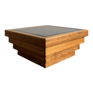 1980s Stack Oak Coffee Table With Smoked Gold Glass For Sale