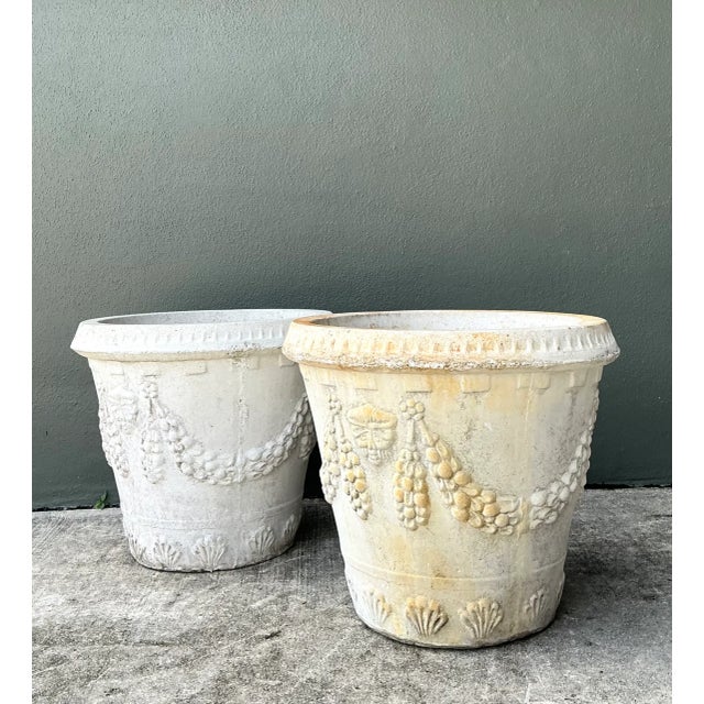 Hollywood Regency Vintage Cement Swag Embellished Planters - Pair For Sale - Image 3 of 12