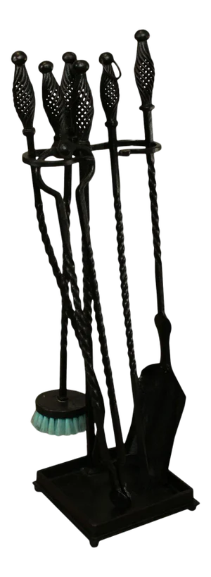 Vintage Hard Forged Twisted Iron Set Fireplace Tools