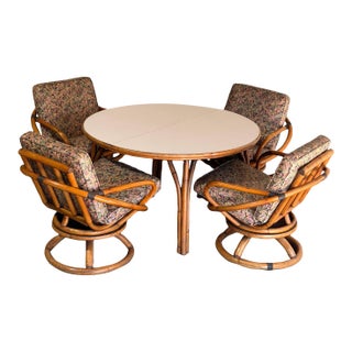 Outdoor Rattan Dining Set With Extension Round Table and 4 Swivel Chairs Mid-Century Modern 1970s For Sale
