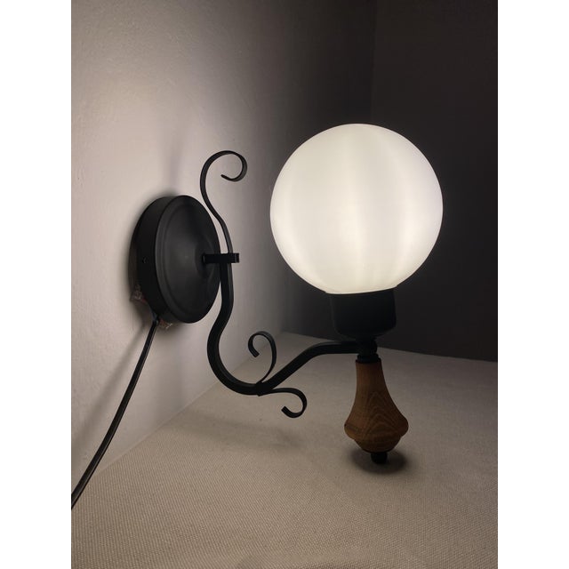 Vintage Opal Glass Globe Wall Lamp with Wood Detail, Europe, 1970s For Sale - Image 13 of 16