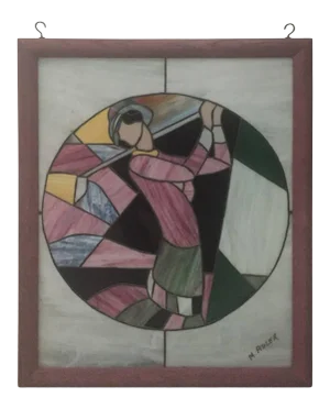 Signed Art Deco Stained Glass Woman Golfer