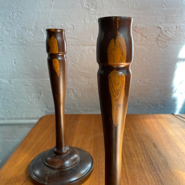 Mid-Century Modern 20th C. Pair of Mid-Century Modern Tall Turned Rosewood Candle Holders For Sale - Image 3 of 9