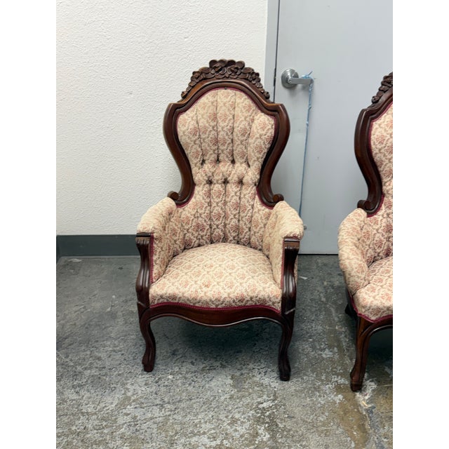 American Furniture Galleries Victorian Rococo Revival Gentleman’s + Lady’s Parlor Chairs, 1970s For Sale - Image 4 of 13