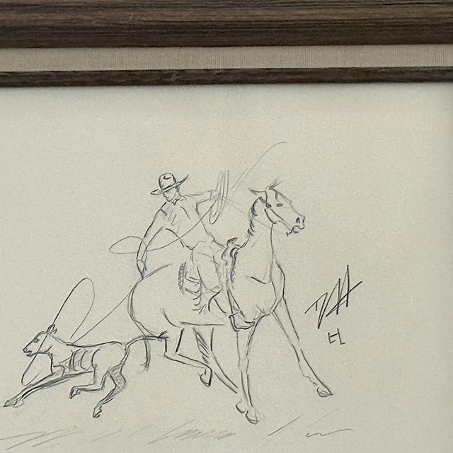Signed Vintage Pencil Sketch of Cowboy & Calf From Santa Ynez Valley - California Ranch Art For Sale In Los Angeles - Image 6 of 7