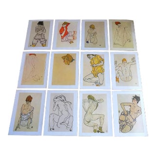 Authentic Vintage 20th Century Signed Egon Schiele Expressionist Nude Female Figural Lithographs - Set of 12 For Sale