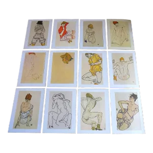 Authentic Vintage 20th Century Signed Egon Schiele Expressionist Nude Female Figural Lithographs - Set of 12
