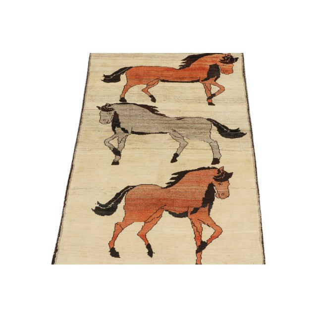 Tribal 1950s Vintage Persian Rug in Beige With Horse Pictorials by Rug & Kilim For Sale - Image 3 of 8