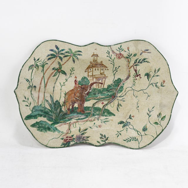 Vintage Scalloped Decorative Tray With Hand-Painted Elephant and Jungle Motif For Sale - Image 12 of 12