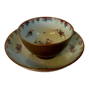 Antique 18th Century Chinese Export Porcelain Batavian Teacup or Bowl and Saucer in Famille Rose Palette- 2 Pieces
