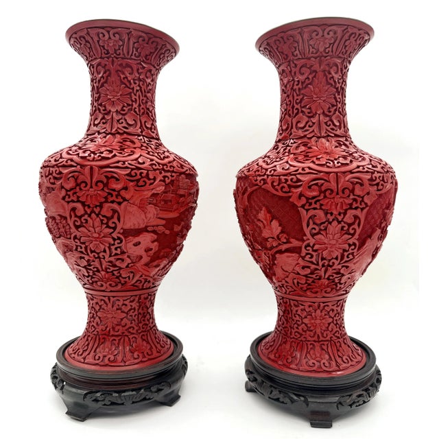 Metal Unique Chinese Carved Cinnabar Vase, Same Shape, Different Decoration - a Pair For Sale - Image 7 of 12