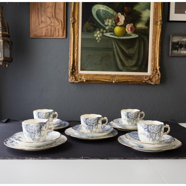 19th Century English Bone China Blue and White Tea Cup Set for Five - 15 pcs For Sale - Image 10 of 16
