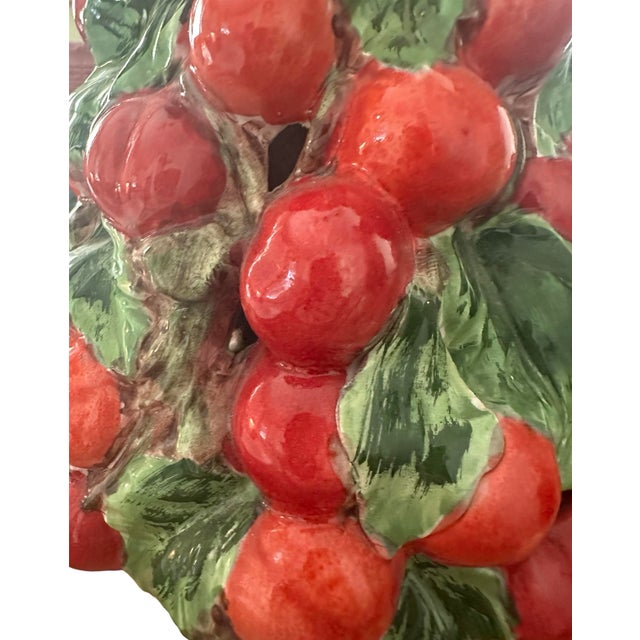 Ceramic Vintage Italian Majolica Cherry Topiary / Ceramic / Trompe l'Oeil Cherries in Footed Pedestal Pot Centerpiece For Sale - Image 7 of 9