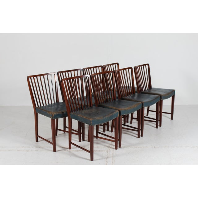 Vintage Dining Chairs in Mahogany with Blue Leather Seats from Fritz Hansen A/S, 1940s, Set of 8 For Sale - Image 3 of 18