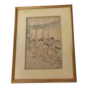 Mid 20th Century Framed Japanese Woodblock Print “Gathering in the Pagoda”