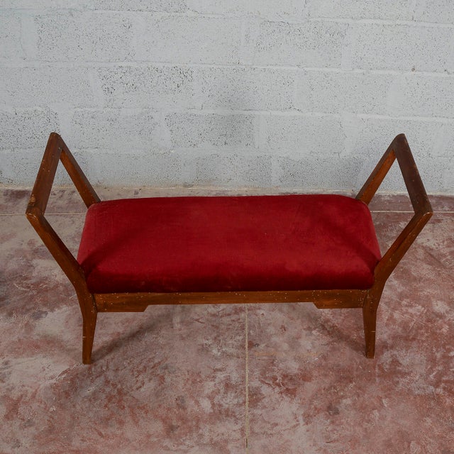 1940s Small Wooden Bench Upholstered in Red Art Deco Velvet, 1940s For Sale - Image 5 of 18