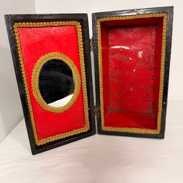 1950s Vintage Hand Painted Chinese Wood Jewelry Box Black Lacquer Pig Flower Bamboo Red Interior For Sale - Image 5 of 13