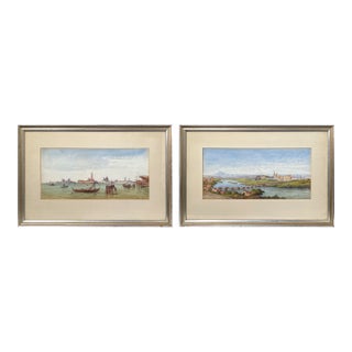 Early 20th C. Artist Signed Watercolors of Venice and Tuscany Village - A Pair For Sale