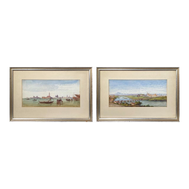 Early 20th C. Artist Signed Watercolors of Venice and Tuscany Village - A Pair For Sale