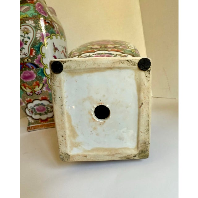 Pair of Chinese Porcelain Hand-Painted Famille Rose Vases With Plum Fruit Handles For Sale - Image 12 of 12