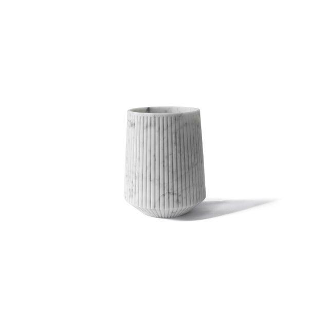 Wide Striped Vase in Black Marquina Marble For Sale - Image 3 of 5