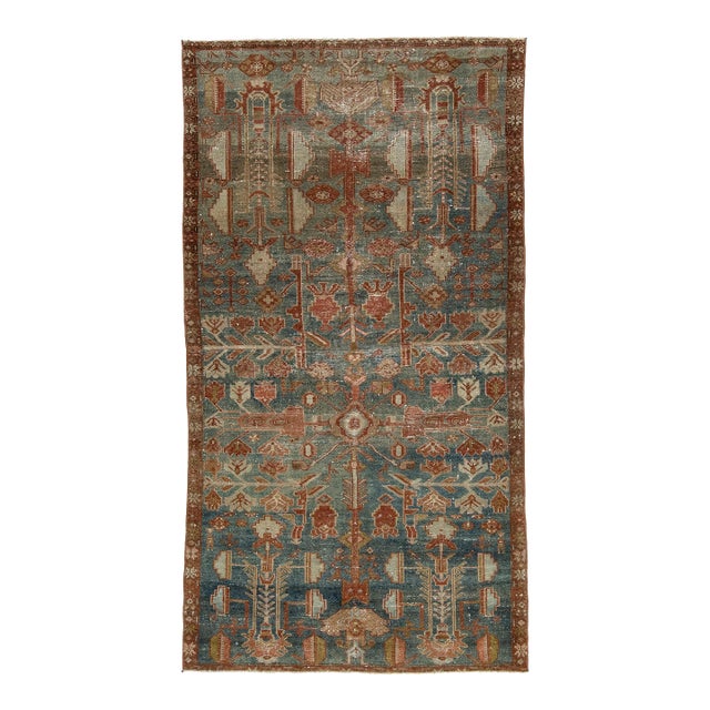 Antique Malayer Hand-Knotted Wool Rug - Distressed Muted Slate Blue & Terracotta For Sale
