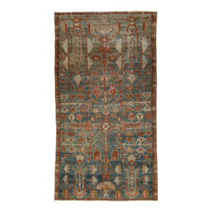 Antique Malayer Hand-Knotted Wool Rug - Distressed Muted Slate Blue & Terracotta