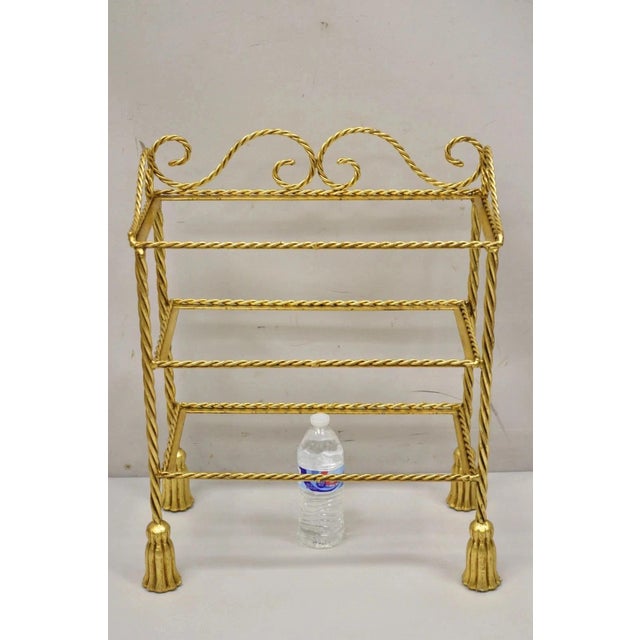Vintage Italian Hollywood Regency Gold Gilt Iron 3 Tier Shelf Small Display Stand (B). Item features a nice small size, 3...