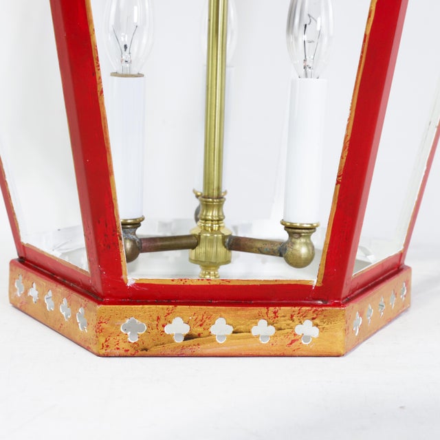Vintage Chinoiserie Red Tole Hanging Lantern Chandelier With Brass Bells For Sale In New York - Image 6 of 14
