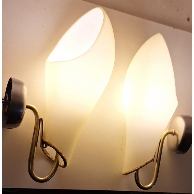 Mid-Century Wall Lamps with Cream-Colored Glass Shades on Metal Mounts1950s, Set of 2 For Sale - Image 6 of 17