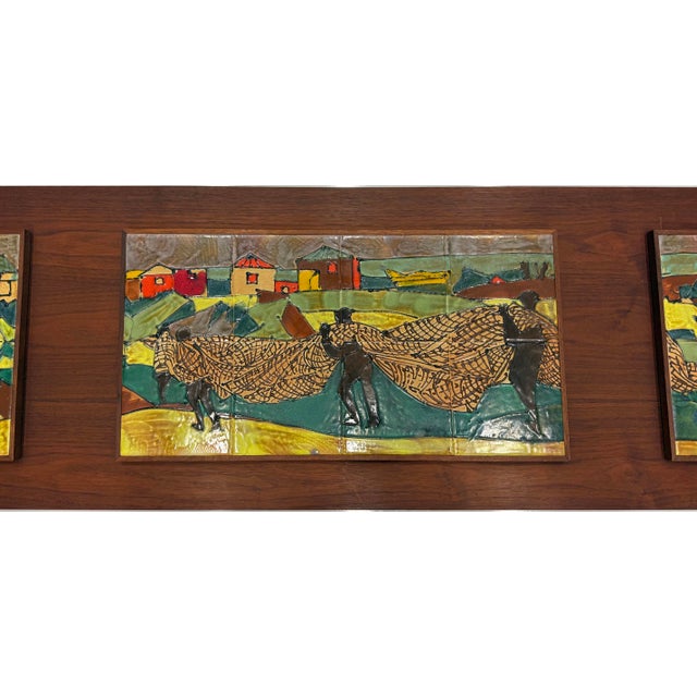 Mid-Century Modern Mid-Century Modern Harris Strong Triptych Tile Wall Plaque of a Fishing Village For Sale - Image 3 of 8