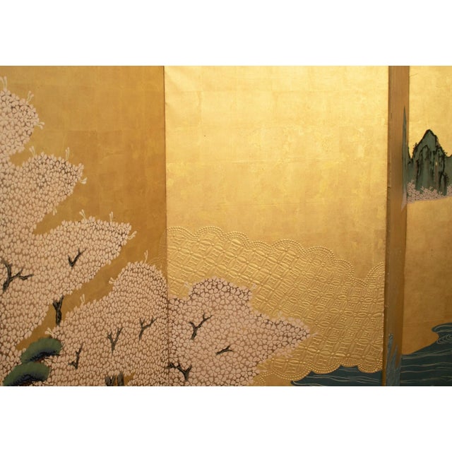 Wood XL Shōwa Era Japanese Gold Leaf & Maki-E 6-Panel Byobu Screen For Sale - Image 7 of 12