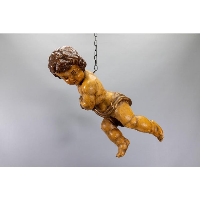 German Baroque Revival Style Polychromed Carved Wood Putto Figure For Sale - Image 16 of 18