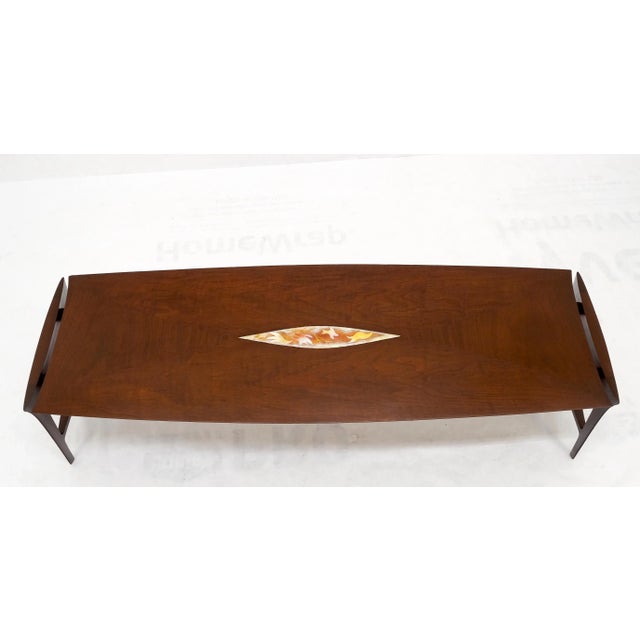 Mid-Century Modern Oiled Walnut Tile Insert Floating Top Mid-Century Long Surfboard Coffee Table For Sale - Image 3 of 12