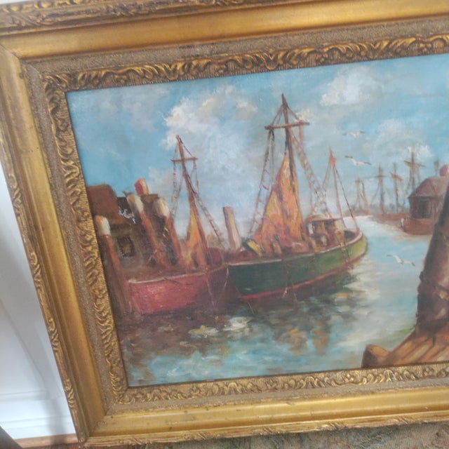 1910s 1910s Signature of Listed Artist -Bordes- Nautical Boat Harbor .Oil / Board For Sale - Image 5 of 6